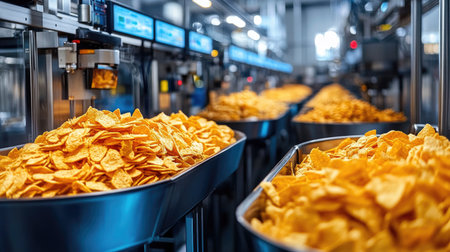 A vibrant view of potato chips during industrial processing in a modern food manufacturing facility. The image showcases large trays filled with fresh, crispy chips ready for packaging.の素材
