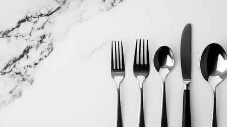 A sleek arrangement of silver cutlery including forks, spoons, and knives on a stylish marble background. Perfect for dining or culinary themes.の素材