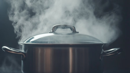 A stainless steel pot emits steam as it sits on a dark kitchen surface, evoking warmth and culinary creativity. Perfect for cooking enthusiasts.の素材
