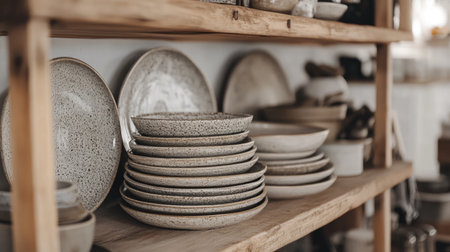 A rustic kitchen scene showcasing neatly arranged ceramic plates on a wooden shelf, reflecting a warm and inviting atmosphere perfect for home decor enthusiasts.の素材
