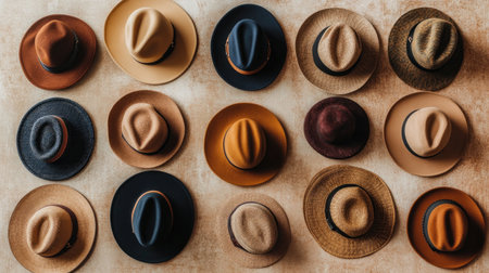 A diverse assortment of stylish hats arranged on a textured surface, showcasing unique designs and colors. Ideal for fashion, lifestyle, and accessory themes.の素材