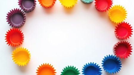 A vibrant collection of colorful cupcake liners arranged in a circular pattern on a clean white background. Perfect for baking enthusiasts and party planners!の素材