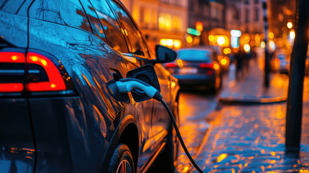 An electric vehicle is charging at a city street during dusk, showcasing modern technology and eco-friendly transport amidst a vibrant urban backdrop.の素材