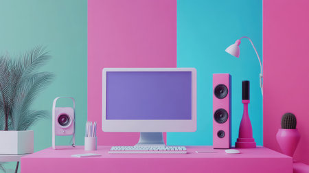 A vibrant and modern workspace featuring a computer setup with colorful decor, stylish speakers, and plants. Ideal for home office inspiration.の素材
