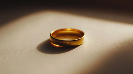 An elegant gold ring rests on a soft surface, beautifully lit by natural light. The simplicity and shine create a captivating focal point perfect for jewelry enthusiasts.の素材