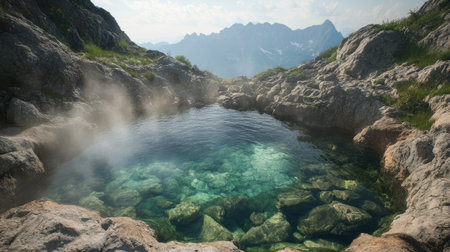 A breathtaking view of a serene hot spring nestled among rocky mountains, with gentle steam rising and clear waters reflecting the sky. Perfect for relaxation and nature lovers.の素材