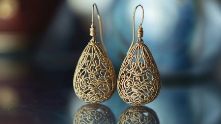 Beautiful gold filigree earrings showcasing intricate patterns and elegant design. Perfect accessory to add a touch of luxury and sophistication to any outfit.の素材