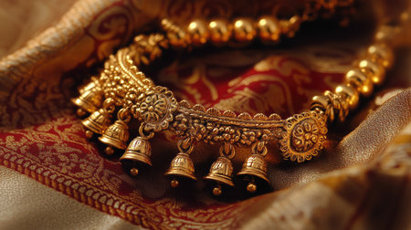 This stunning gold necklace features intricate designs and delicate bells, perfect for traditional occasions or celebrations. A true representation of elegance and beauty.の素材