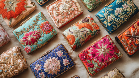 A vibrant collection of handcrafted wallets featuring stunning embroidery and floral designs. Each piece showcases exquisite craftsmanship, perfect for fashion lovers.の素材