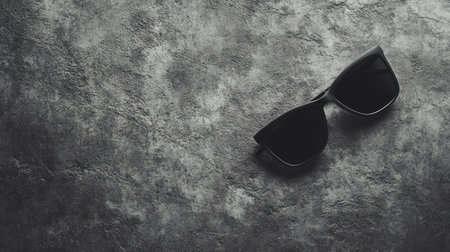 A pair of stylish black sunglasses rests on a textured dark background, embodying a modern and minimalistic aesthetic perfect for fashion and lifestyle themes.の素材