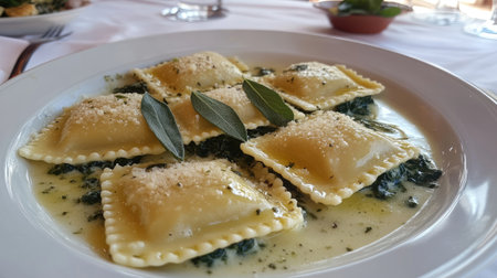 A beautiful plate of fresh ravioli served in a creamy sauce, garnished with spinach and sage. This dish is perfect for Italian cuisine lovers and food enthusiasts.の素材