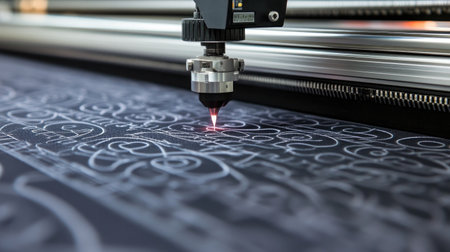 A close-up view of a laser cutting tool engaging in the precision engraving of intricate patterns on dark material, showcasing advanced technology in an industrial setting.の素材
