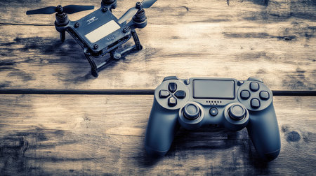 This image features a gaming controller next to a drone on a rustic wooden surface, symbolizing the blend of gaming and aerial technology in modern entertainment.の素材
