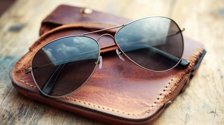 A pair of stylish sunglasses rests elegantly on a leather case, showcasing a trendy accessory against a rustic wooden background. Perfect for fashion lovers.の素材