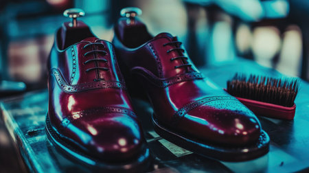 A pair of elegant brown dress shoes sits on a rustic table, showcasing their polished finish alongside a shoe brush, perfect for grooming and styling.の素材