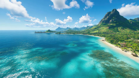 Experience a stunning coastal view featuring clear blue waters, lush green hills, and dramatic mountains under a bright sky. Perfect for nature lovers.の素材