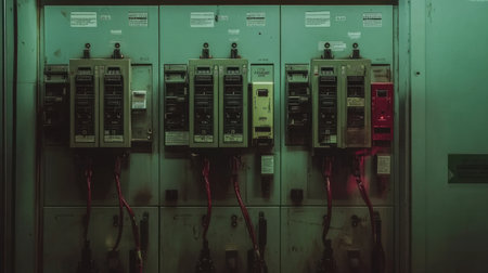 A vintage electrical panel featuring multiple circuit breakers and switches under dim lighting. This image captures the essence of old industrial equipment.の素材