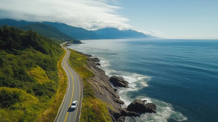 A scenic coastal road lined with lush greenery and breathtaking ocean views. A car travels along the winding path under a clear blue sky, inviting adventure and exploration.の素材
