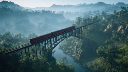 A stunning view of a red train crossing a bridge over a tranquil river, surrounded by lush green hills and misty mountains, capturing the essence of adventure.の素材
