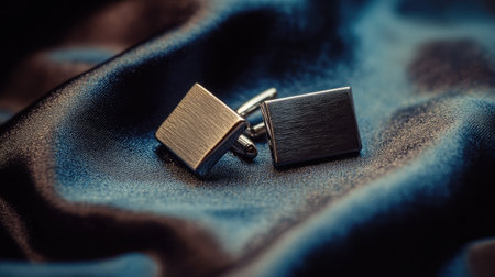 A pair of elegant silver cufflinks displayed on a smooth, dark fabric background. The shiny finish and modern design highlight luxury and sophistication, ideal for formal attire.の素材