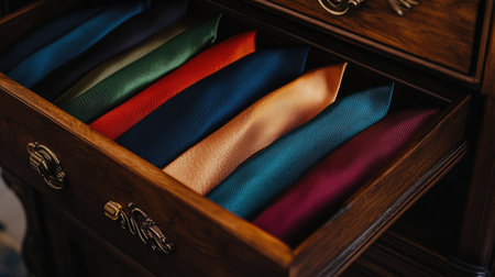 A visually appealing drawer containing an array of colorful ties, showcasing various textures and tones. Perfect for those interested in fashion and elegant accessories.の素材