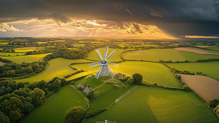 A stunning aerial view of a classic windmill surrounded by expansive green fields under a dramatic sky. Scenic beauty showcases rural tranquility.の素材