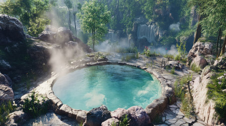 Experience tranquility at this stunning hot spring, surrounded by lush forests and rocky landscapes. The clear water and mist evoke relaxation and natural beauty.の素材