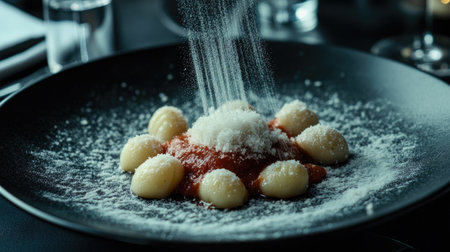 A beautifully plated dish of gnocchi with rich tomato sauce and sprinkled cheese, capturing the essence of gourmet Italian cuisine in a fine dining setting.の素材