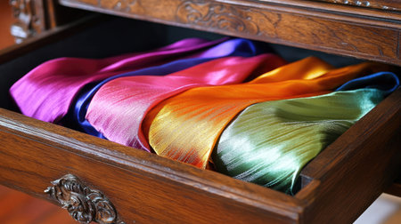 A charming wooden drawer reveals a stunning collection of vibrant satin ties, showcasing a rich array of colors that enhance any formal wardrobe.の素材