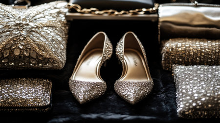 Stunning arrangement of elegant silver accessories featuring sparkling high heels and a chic clutch. Perfect for showcasing luxury fashion and sophistication.の素材