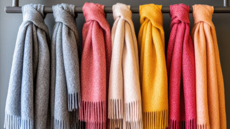 A vibrant collection of soft scarves hanging on a rack, showcasing a variety of colors perfect for winter fashion. Ideal for cozy styling and warmth.の素材