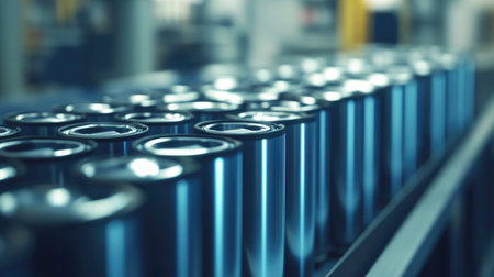 A detailed view of aluminum beverage cans lined up on a production line, showcasing the modern manufacturing process. Bright reflections highlight the cans' sleek surfaces.の素材