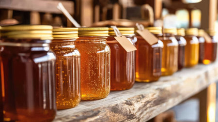 A beautiful arrangement of glass jars filled with various shades of golden honey, displayed on a rustic wooden shelf. Perfect for culinary and health themes.の素材