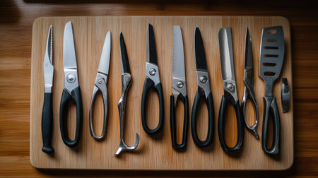 A beautiful arrangement of assorted kitchen tools including various types of scissors displayed on a wooden cutting board, ideal for culinary tasks.の素材