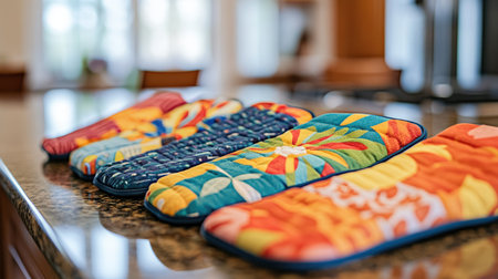 A row of colorful quilted oven mitts displayed neatly on a kitchen countertop, showcasing vibrant patterns and textures, ideal for enhancing kitchen decor.の素材