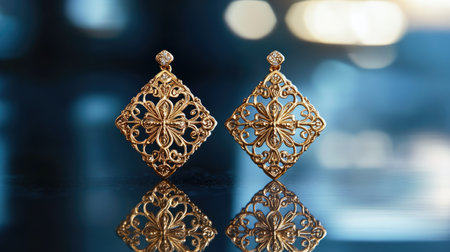 Stunning gold earrings with an intricate floral design showcase elegance and luxury. The reflective surface enhances their beauty, making them perfect for fashion enthusiasts.の素材