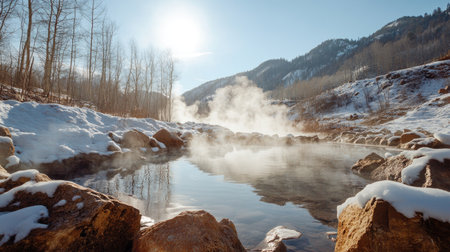 A serene view of hot springs emitting steam, surrounded by snow-covered mountains and trees. The scene captures the essence of winter tranquility and natural beauty.の素材