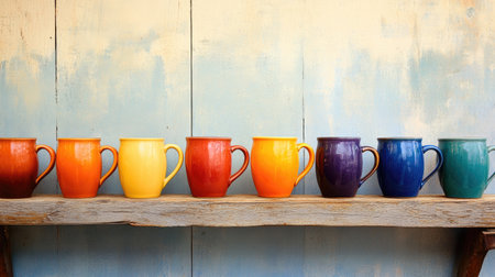 Display of vibrant ceramic mugs in various colors on a wooden shelf, showcasing a cheerful and artistic arrangement ideal for kitchen decor and beverage enjoyment.の素材