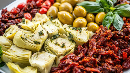 Delight in a vibrant assortment of fresh vegetables including artichokes, tomatoes, and olives, artfully arranged for a gourmet presentation. Perfect for sharing.の素材