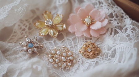 A beautiful arrangement of vintage brooches resting on a delicate lace background, showcasing intricate designs in soft pastels and sparkling gems, perfect for fashion lovers.の素材