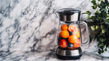 A stylish blender filled with fresh fruits on a marble countertop, complemented by a green plant. Perfect for showcasing healthy cooking and vibrant lifestyle.の素材