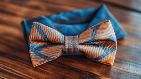 This elegant bow tie features a striking orange and blue pattern, perfect for adding sophistication to formal attire. A close-up shot highlights its texture and design.の素材