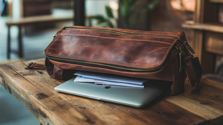A fashionable leather bag rests on a wooden table, showcasing a laptop and papers, creating a stylish workspace ideal for modern professionals in a cafe setting.の素材