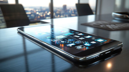 A sleek modern smartphone sits on a polished table, showcasing vibrant app icons. The urban skyline is visible through a window, reflecting a professional workspace.の素材