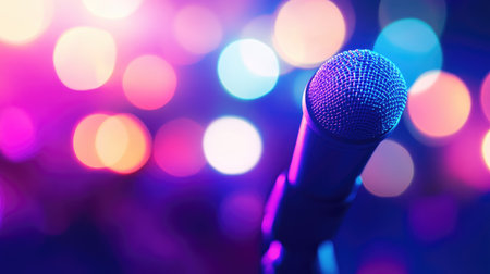 A close-up view of a microphone set against a vibrant bokeh background. The colorful lights create a dynamic atmosphere perfect for music events and performances.の素材