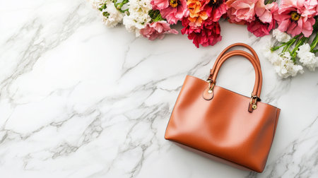 A stylish brown handbag rests on a smooth marble surface, surrounded by vibrant flowers. This elegant arrangement highlights fashion and beauty, perfect for marketing or lifestyle themes.の素材
