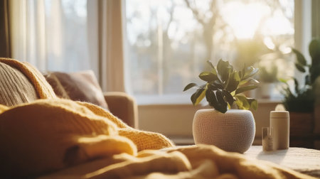 A cozy living room scene featuring a warm blanket draped over a sofa, a potted plant, and sunlight streaming through the window, creating a serene atmosphere.の素材