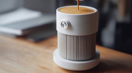A sleek modern coffee mug captures morning warmth on a wooden table. Its ergonomic design enhances the experience, ideal for coffee lovers.の素材