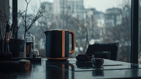 A trendy kitchen scene featuring a sleek electric kettle on a stylish countertop. Soft light enhances the minimalist design, creating a cozy atmosphere.の素材
