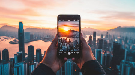 A stunning photograph capturing a sunset over a vibrant cityscape, where hands hold a smartphone framing the beautiful view. Perfect for urban exploration themes.の素材